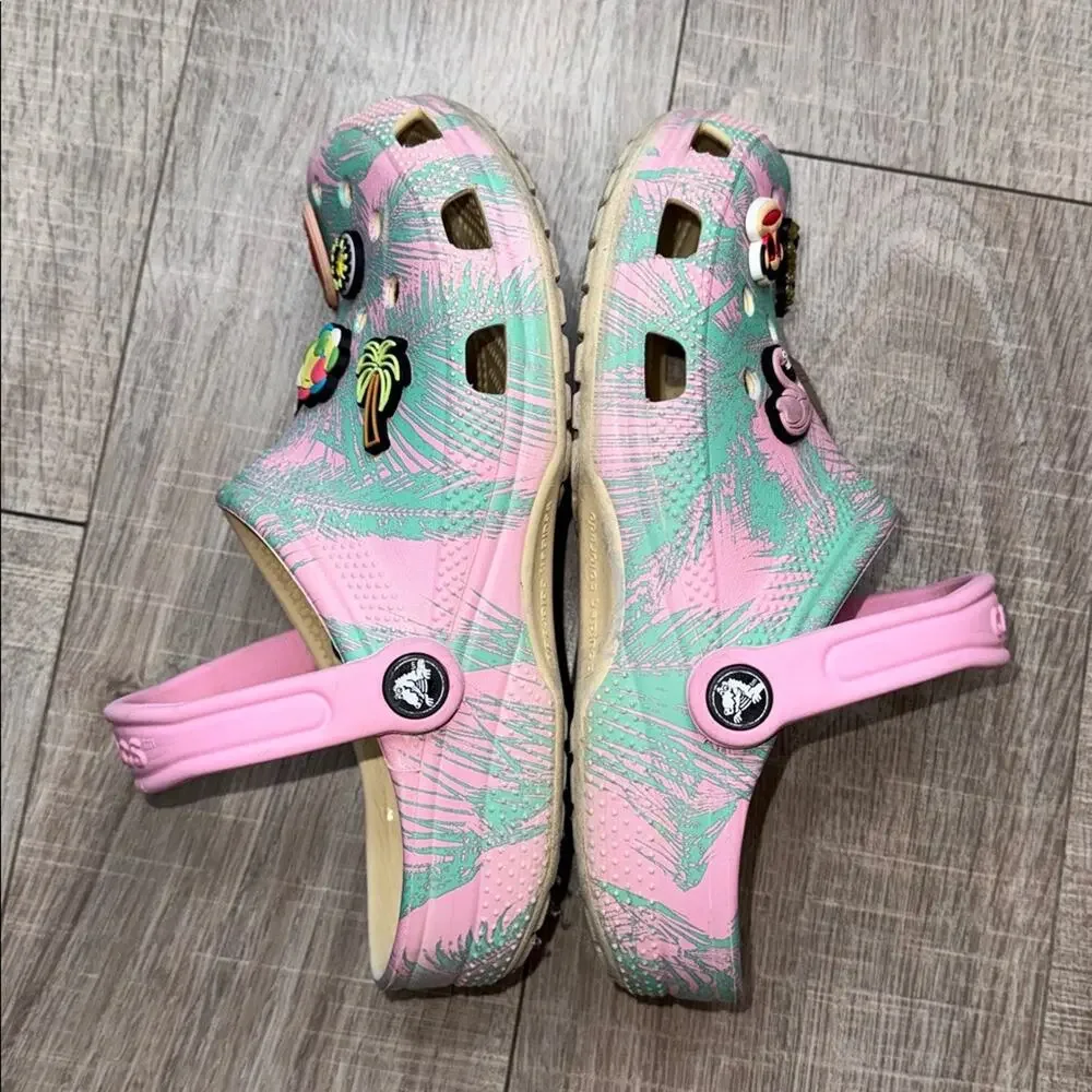 CROCS Kids Pink and Green Water Shoes with Charms